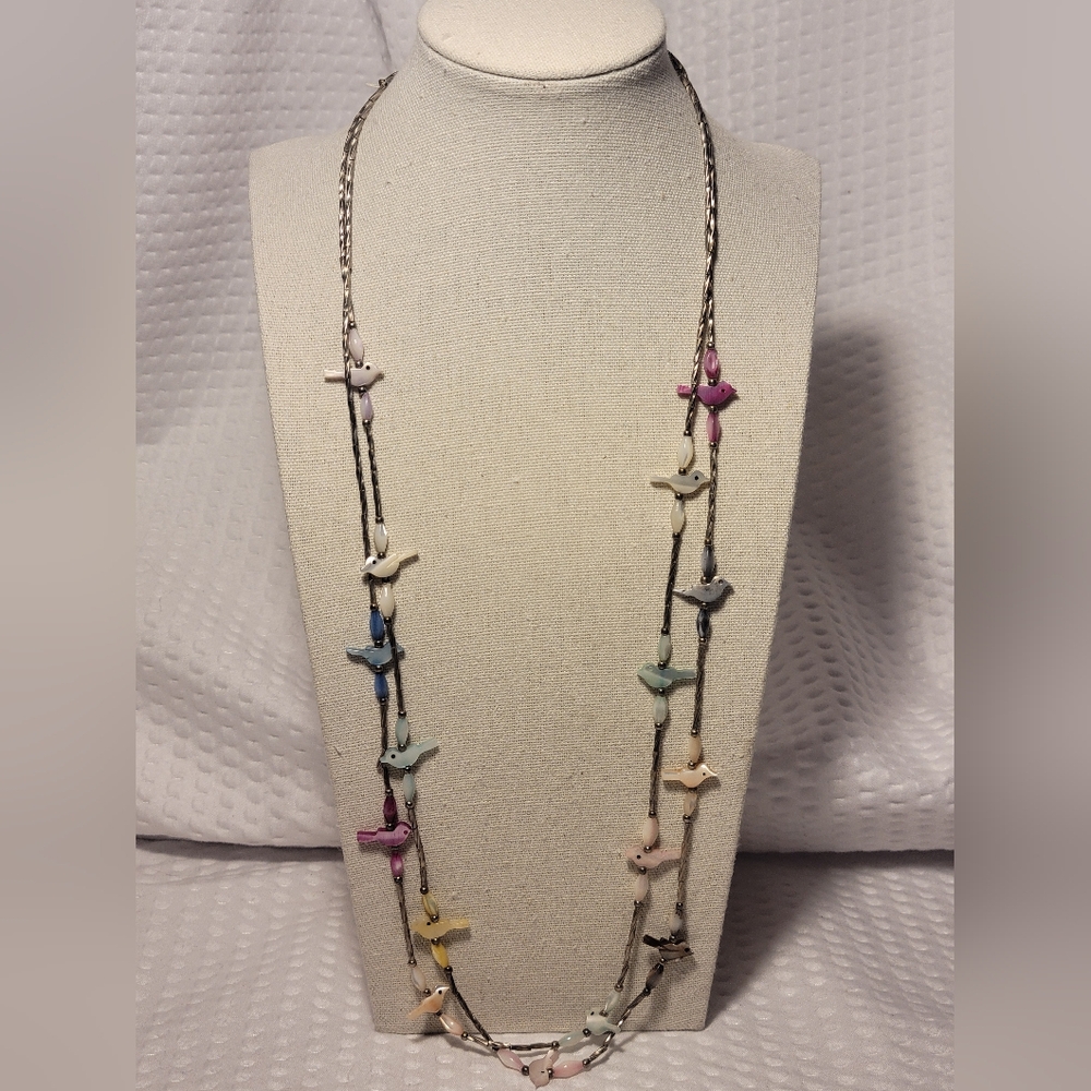 Vintage Zuni 2 Strand Bird Fetish Necklace Silver Hand Carved Multistone 26"